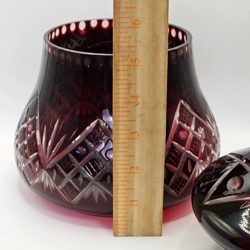 Vintage Bohemian Czech Ruby Red Cut to Clear Glass Canister Jar Crystal Lid 9.5
